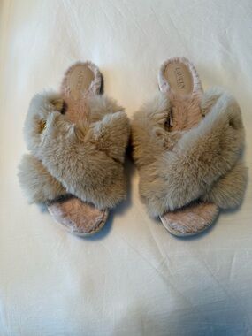 Lauren Ralph Lauren Plush Faux Fur Slide Sandals - Beige Taupe